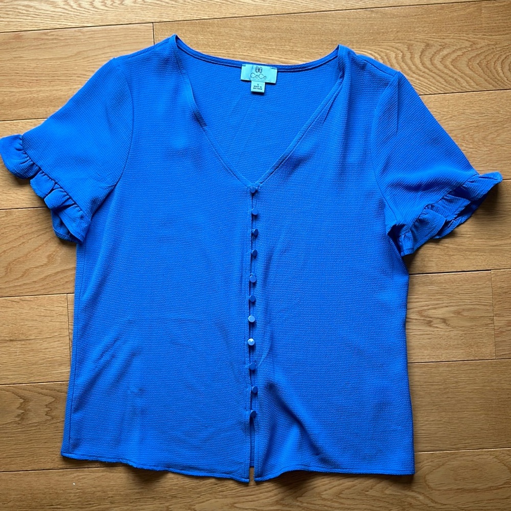 CeCe Blue Button Down V-neck Ruffle Short Sleeve Blouse